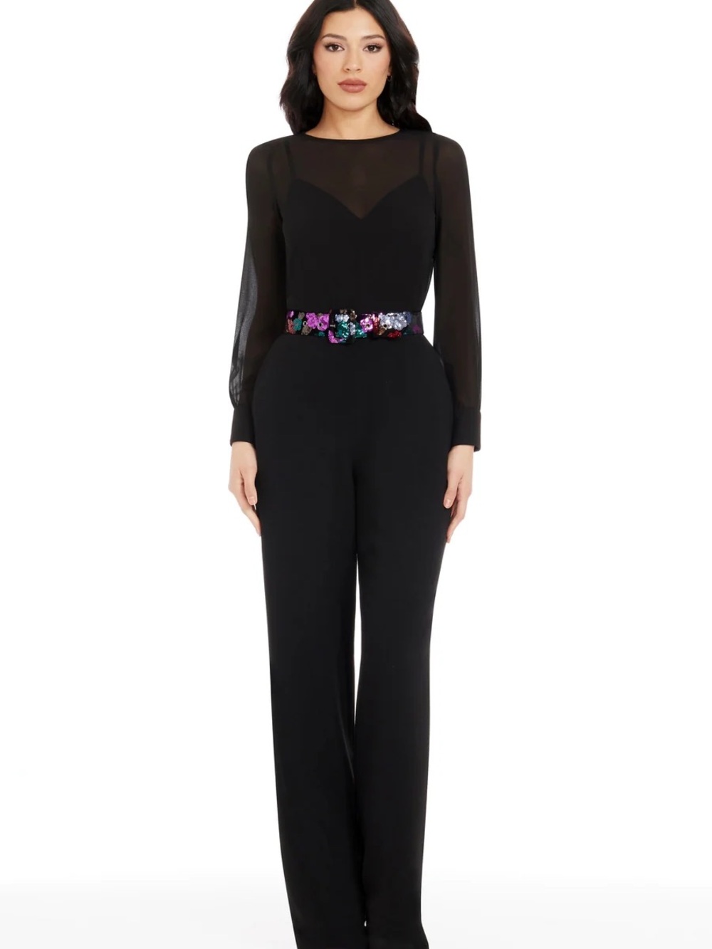 Dress the Population Black Long-Sleeve Jumpsuit w/ Multicolor Sequin Belting